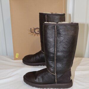 UGG Womens Classic Tall Leather Bomber Boots Brown Size 8 Sheepskin Lining EUC